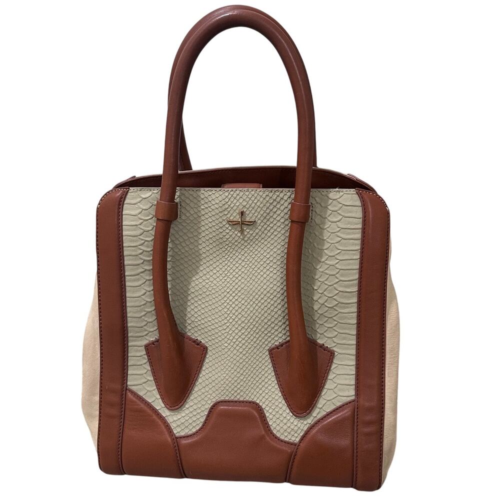 Pour La Victoire Butler Tote Snake Embossed Colorblock Leather Cognac Cream NWOT